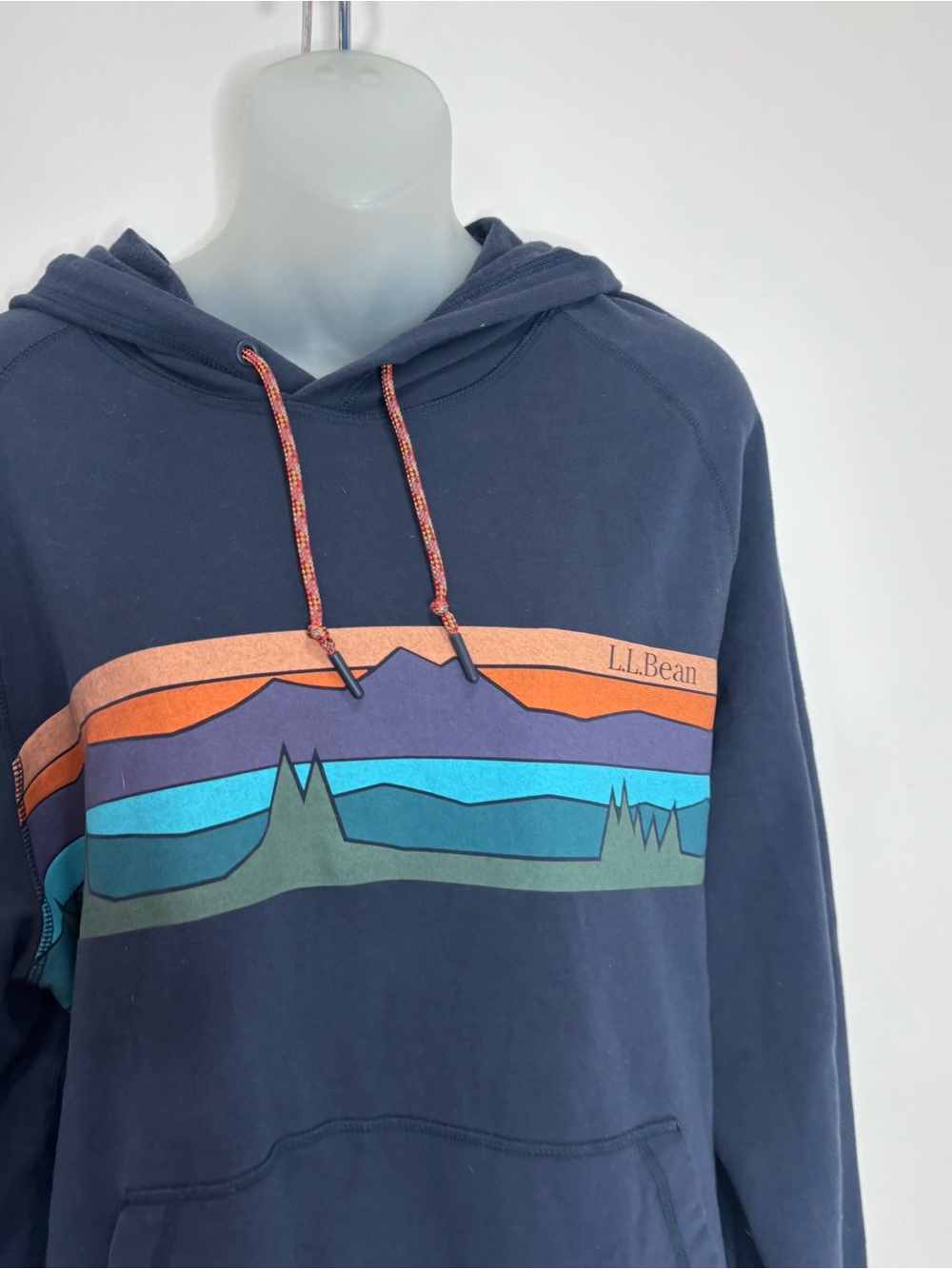 L.L. Bean Navy Hoodie large Orange Blue Green Mountain Stripe logo sweatshirt - Picture 2 of 7